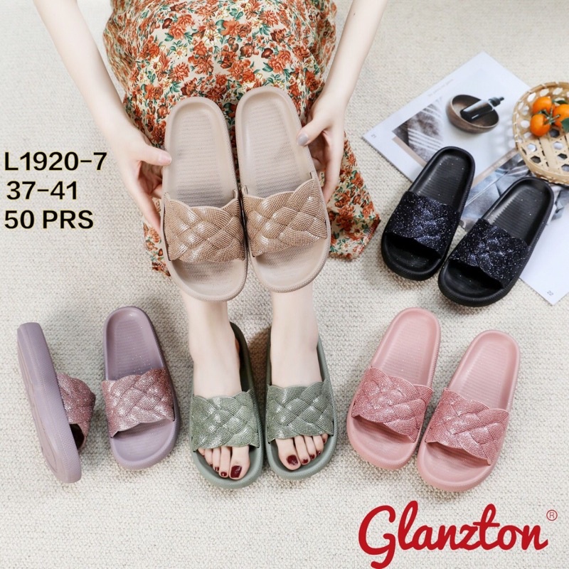 Sandal jelly Glanzton L1920 Sandal Slop Motif Anyam Glitter Tebal 3cm Terbaru