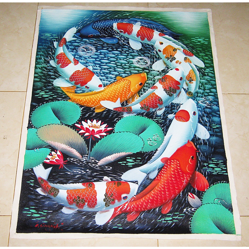 Lukisan Kanvas Ikan Koi Bentuk Angka 9 Nuansa Biru Model Terbaru