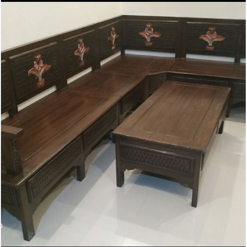 kursi tamu minimalis, kursi sudut, kursi L jati