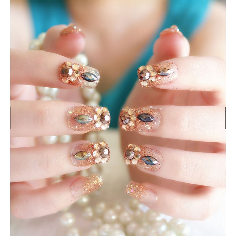 NAIL ART WEDDING - 24Pcs Kuku Palsu Kristal Berlian Imitasi Warna GOLD