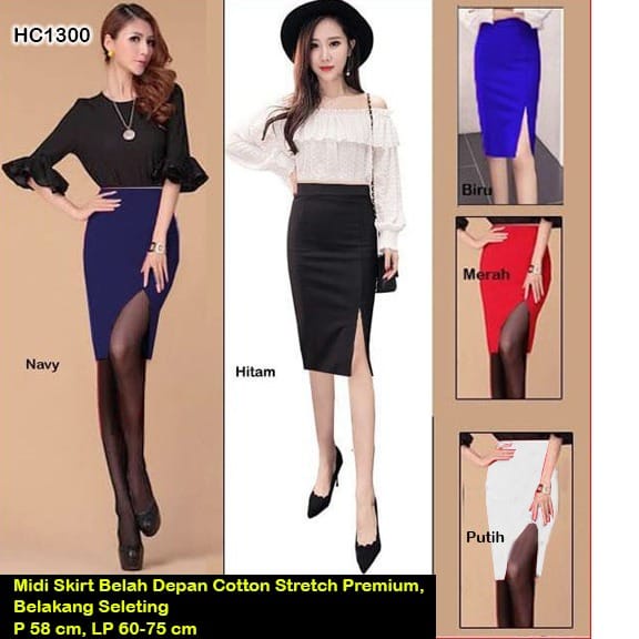 HC1300 Midi Skirt Belah Depan Cotton Stretch Premium / rok belah depan ketat / rok sexy belah depan / rok seksi belah depan selutut