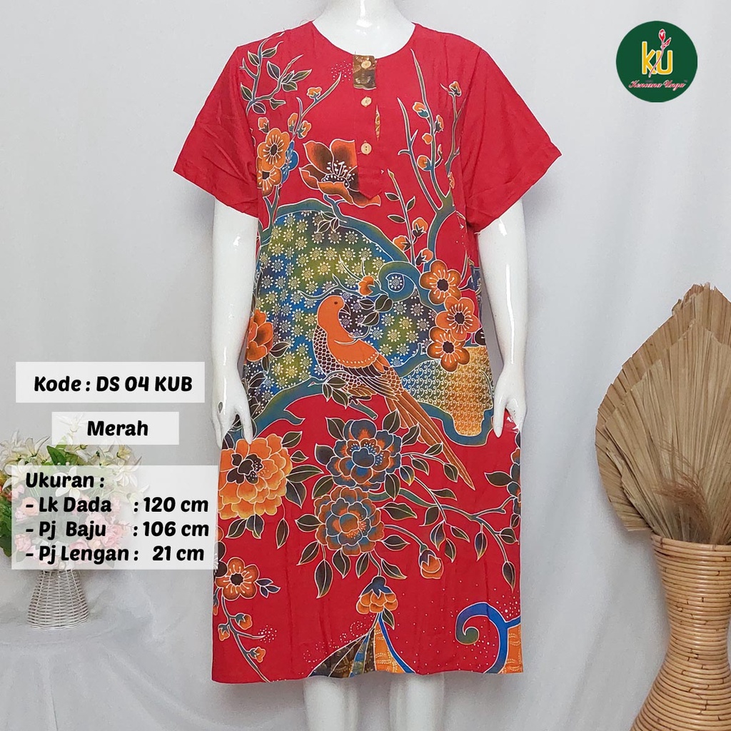 COD DS04 KUB | Daster Batik Kencana Ungu Asli Label Biru Uk. Jumbo LD 120 cm | Baju Santai Tidur Wanita Dewasa Kancing Depan Busui Friendly Motif Terbaru-Merah I