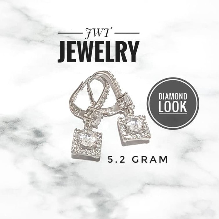 GIWANG ANTING EMAS MEWAH LISTRING GANTUNG SQUARE LOTUS SOLITAIRE - DIAMOND LOOK - 75% MODEL BERLIAN
