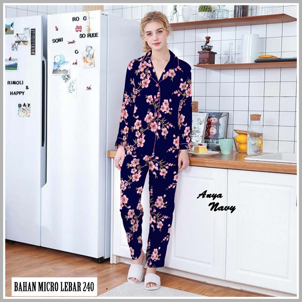 blinqshop baju tidur piyama PP BUNGA TANIA-BUNGA ANYA NAVY