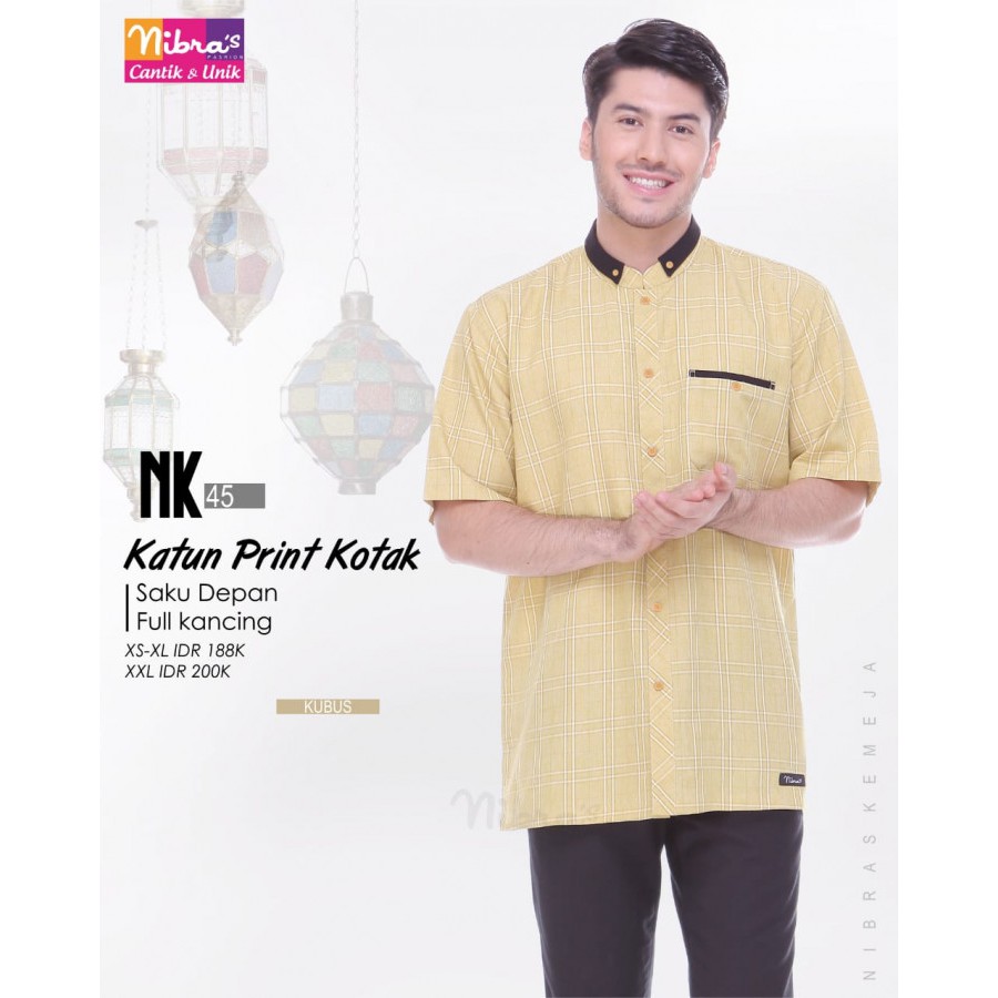 NIBRAS KOKO MUSLIM NK 45 KUNING BAHAN COTTON PRINT KOTAK LENGAN PENDEK TERBARU