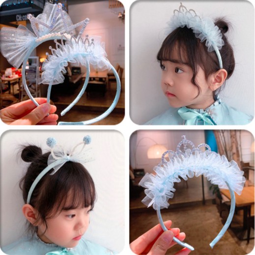 [ORGM] Aksesoris Rambut Bando Mahkota Anak Motif Princess Tiara dengan Renda Biru