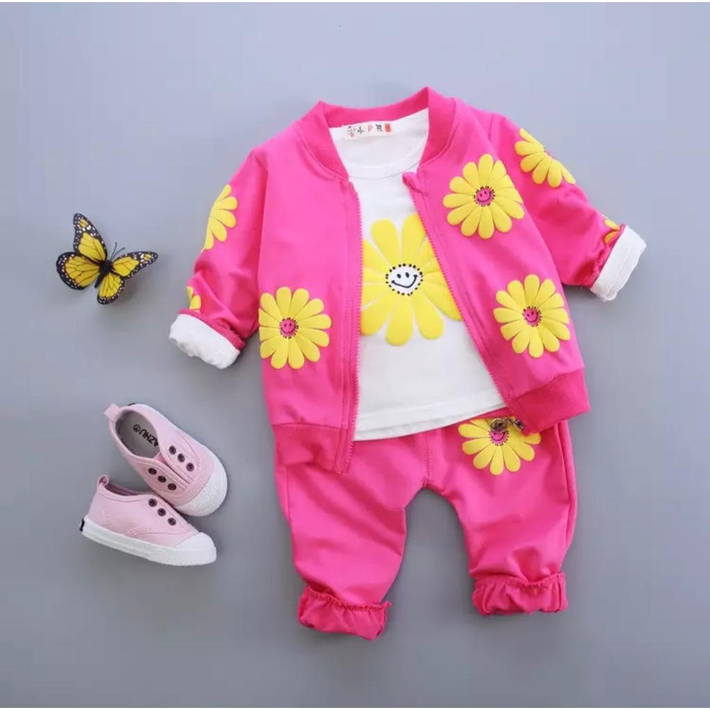 SETELAN ANAK PEREMPUAN SETELAN 3 IN 1 JAKET KAOS JOGGER ANAK MOTIF SUN FLOWER BAJU ANAK PEREMPUAN