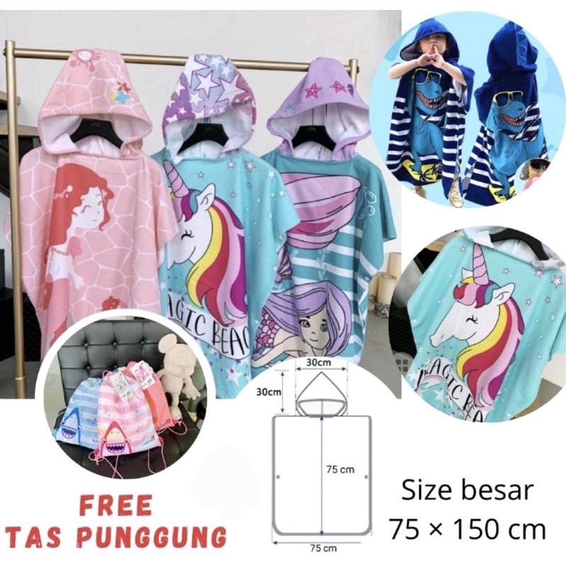 Moolie Handuk Renang Anak Jumbo Free Tas Punggung / Handuk Ponco Jumbo size L / Handuk Hoodie Jumbo