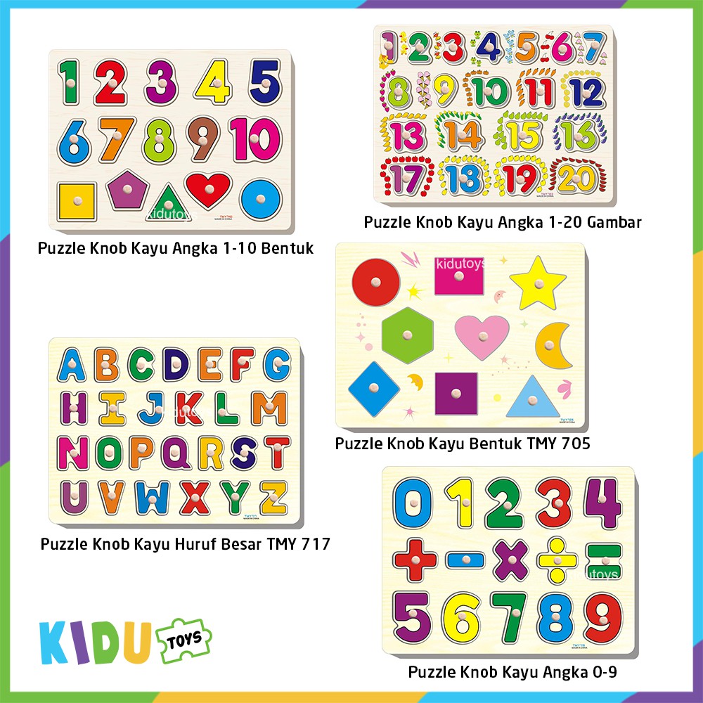 Mainan Anak Puzzle Knob Kayu Huruf / Angka / Hewan / Sayur / Buah (Beli 3 = HARGA GROSIR, Boleh Mix) Kidu Toys