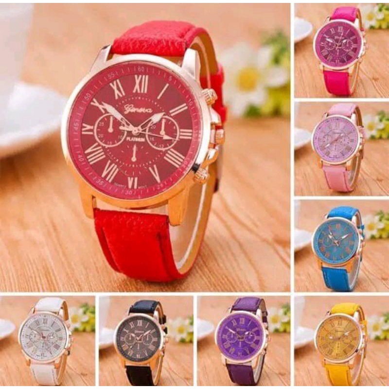 Jam Tangan Geneva Analog Angka Romawi Strap Kulit Pria Wanita