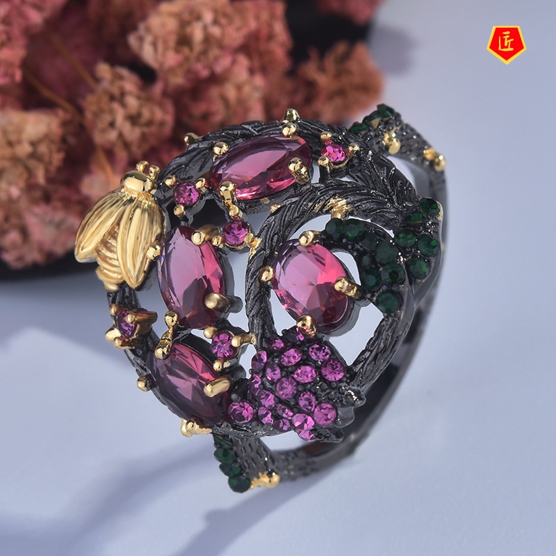 [Ready Stock]New Gothic Style Ruby Bee Black Ring