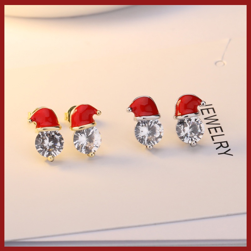 Anting Tusuk Zircon Bentuk Topi Santa Claus Lapis Emas 18K M3067