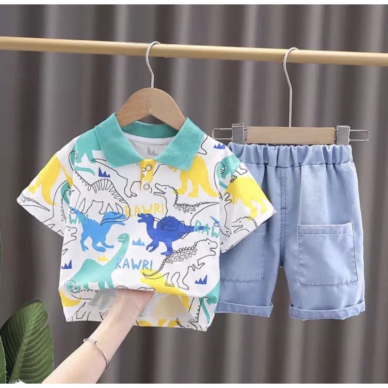 baju setelan anak terbaru motif dino celana denim pendek 1-5 tahun