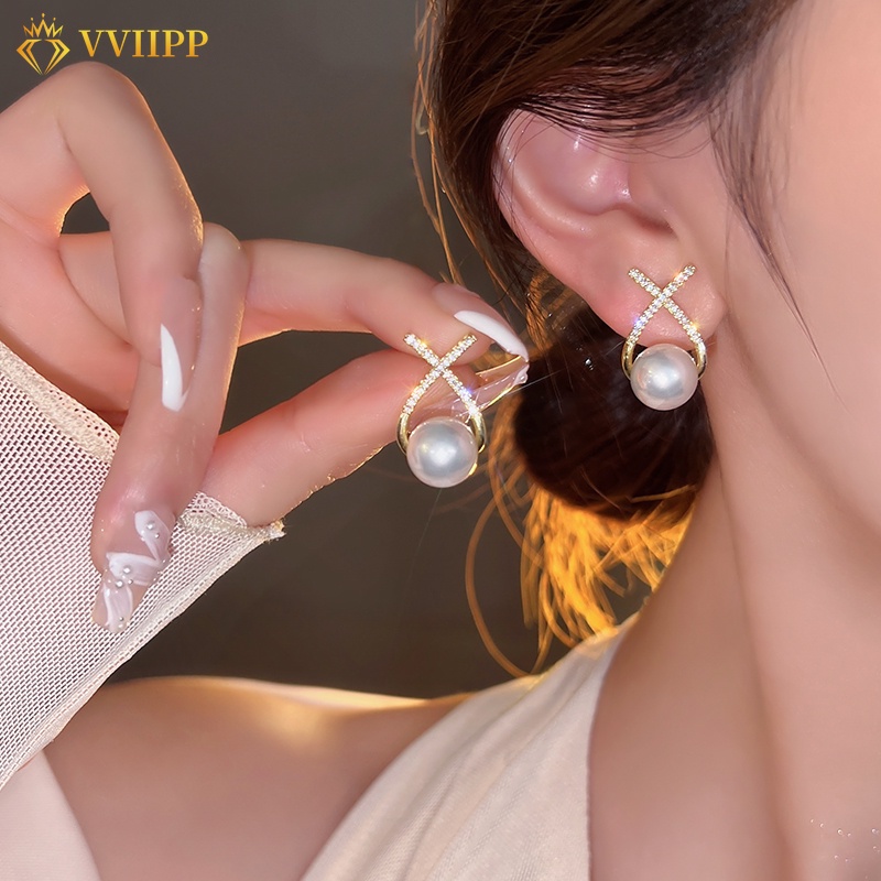 Anting Stud Desain Salib Aksen Mutiara Kristal Warna Emas Untuk Wanita