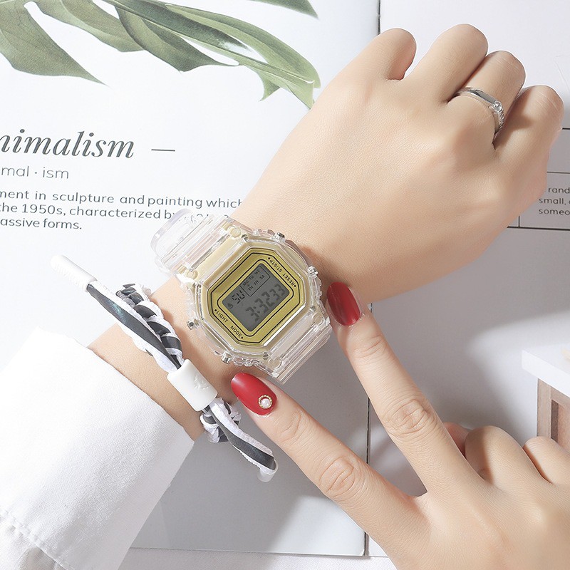 MURMURE.ID | JAM TANGAN RUBBER DIGITAL UNTUK PRIA WANITA PERSEGI TRANSPARAN BENING IMPORT FW006-GOLD