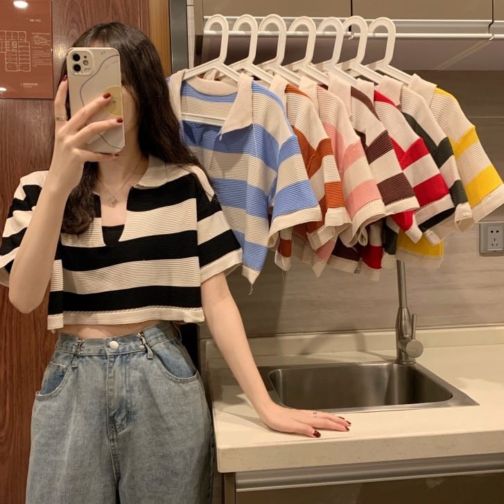 Korean Stripped Short Sleeve Collar Kemeja Crop Top 2072/sweater fuji/atasan fuji