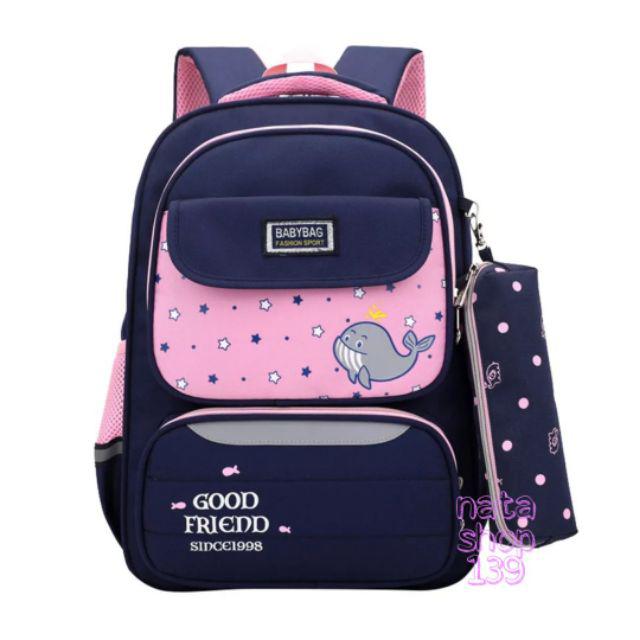 Tas Sekolah Anak Wanita Gendong Karakter Paus 2 in1 Lucu Cantik-Pink