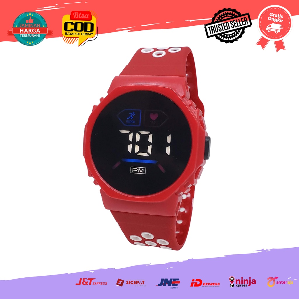 [COD] Jam Tangan Fashion Korea Elektronik Digital LED Digital Wanita Pria Remaja Bulat Rubber-Merah