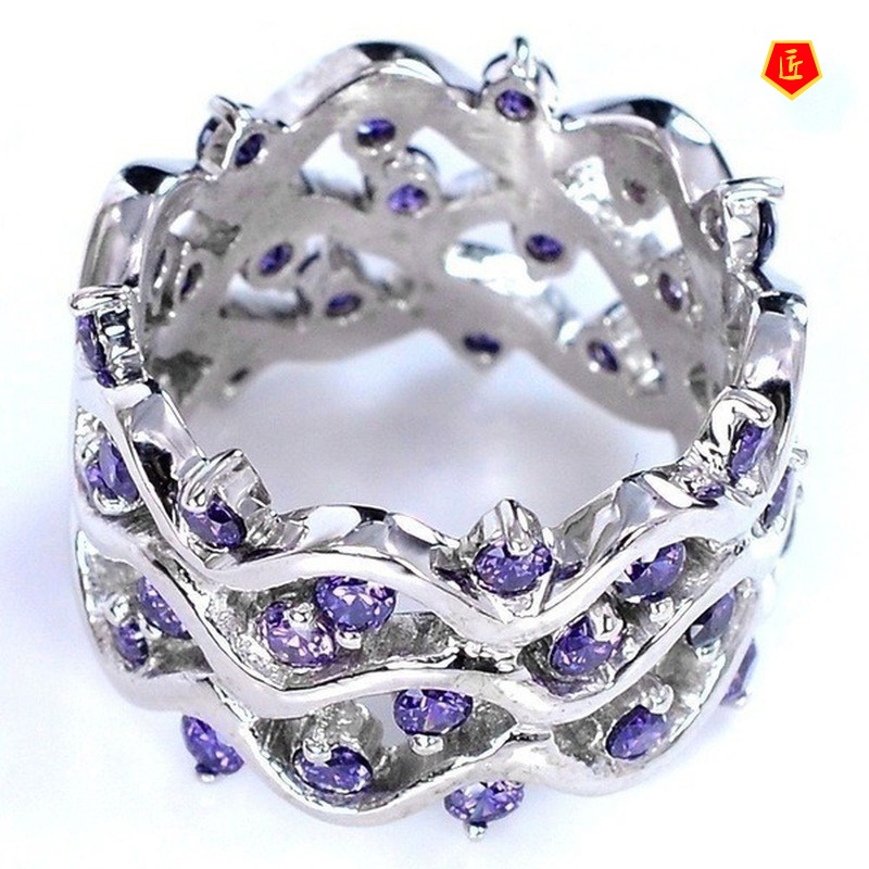 [Ready Stock]Inlaid Amethyst Ring Full Diamond Creative Fashion Elegant