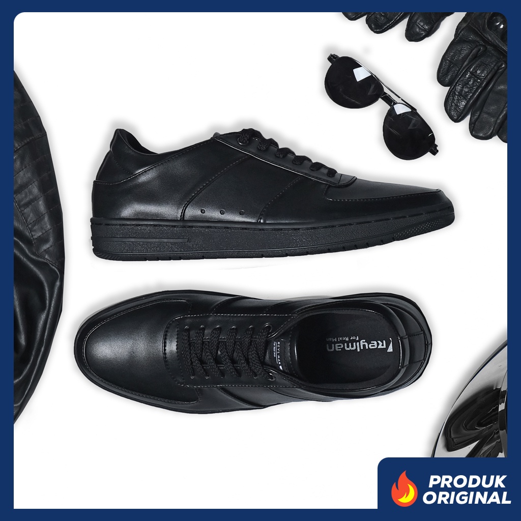 ADAPTIVE FULL BLACK ORIGINAL x REYL MAN Sepatu Sneakers Hitam Polos Pria Kets Tali Formal Casual Jalan Santai Hangout Main Kondangan Sekolah Kuliah Kerja Kantor Distro Fashion Semi Kulit Premium Skate Footwear Big Size Jumbo Ukuran Besar 44 Keren Terbaru