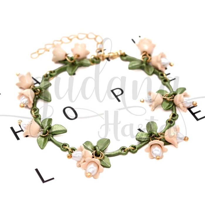 Gelang Pink Flower And Leaves Bangle Motif Bunga Dan Daun GH 205117