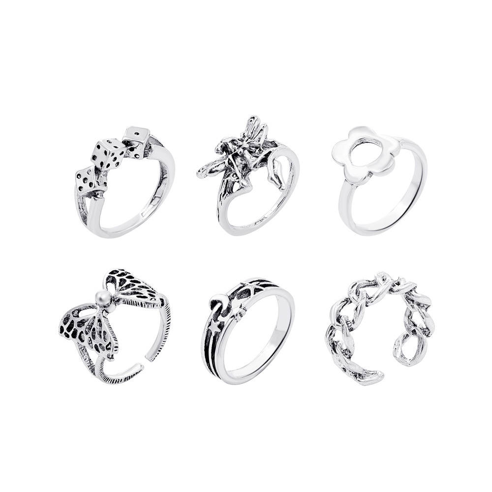 6 Pcs/Cincin Bunga Kupu-kupu Perak Antik Gaya Punk Set Cincin Logam Wanita Retro Eropa Dan Amerika Aksesoris Fashion Wanita