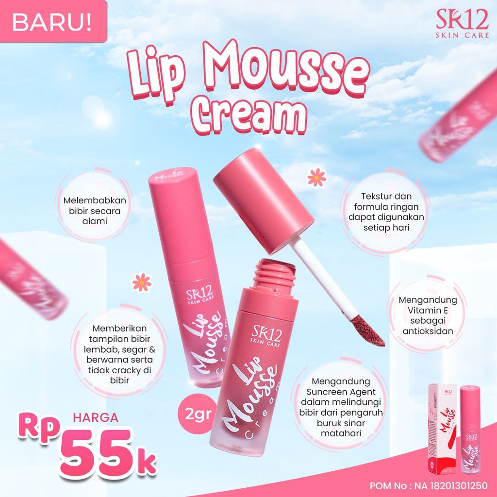 LIP MOUSSE CREAM SR12 | MELEMBABKAN BIBIR | MENGANDUNG SUNSCREEN AGENT &amp; VITAMIN E | TIDAK CRACKY DIBIBIR BPOM