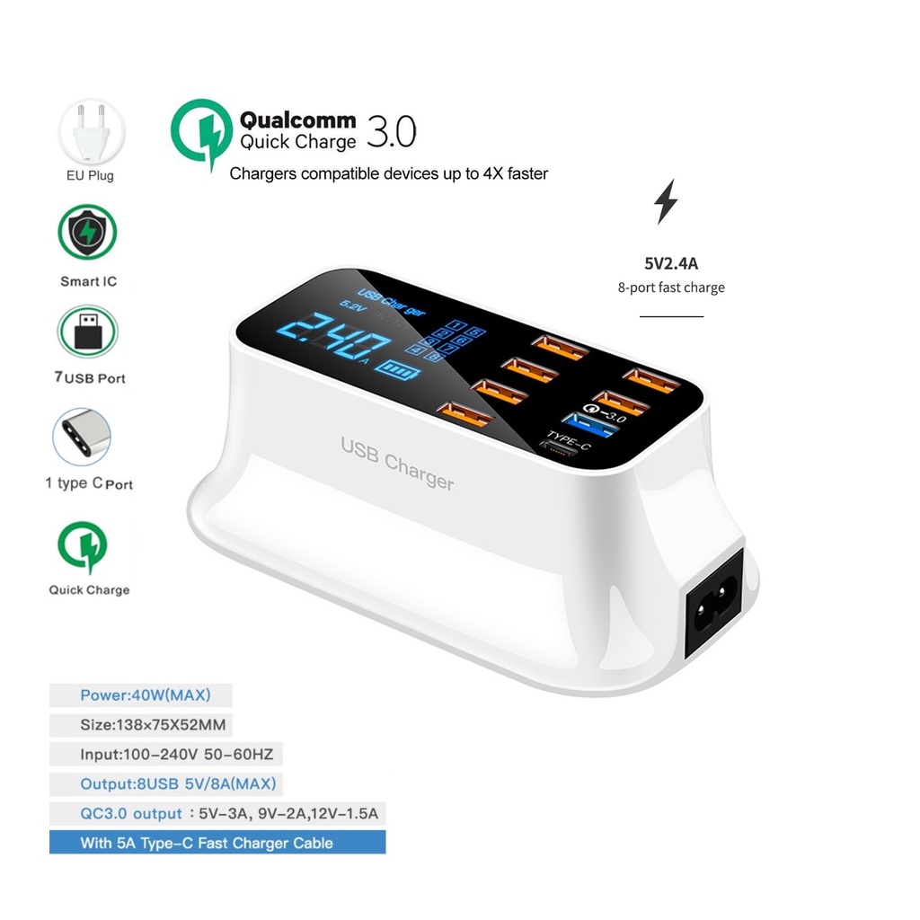 Adapter 8 Port Charger Quick Charging USB 3.0 Type C TRIPLEDI Adaptor ABS Digital Display Smart LED 