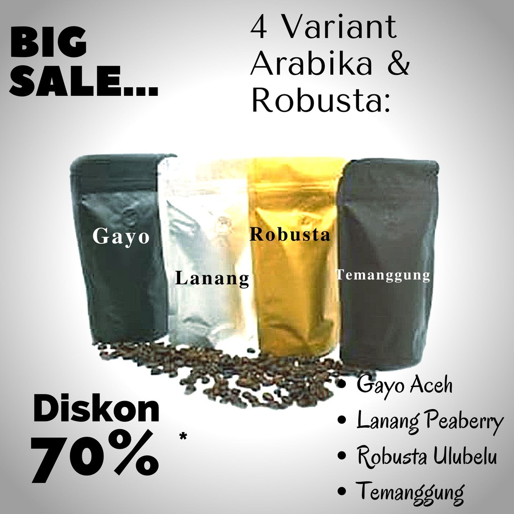 

Seller Gold Coffee Kopi Roast Bean 4 Variant Beli Arabika Dapat Robusta Big Sale.