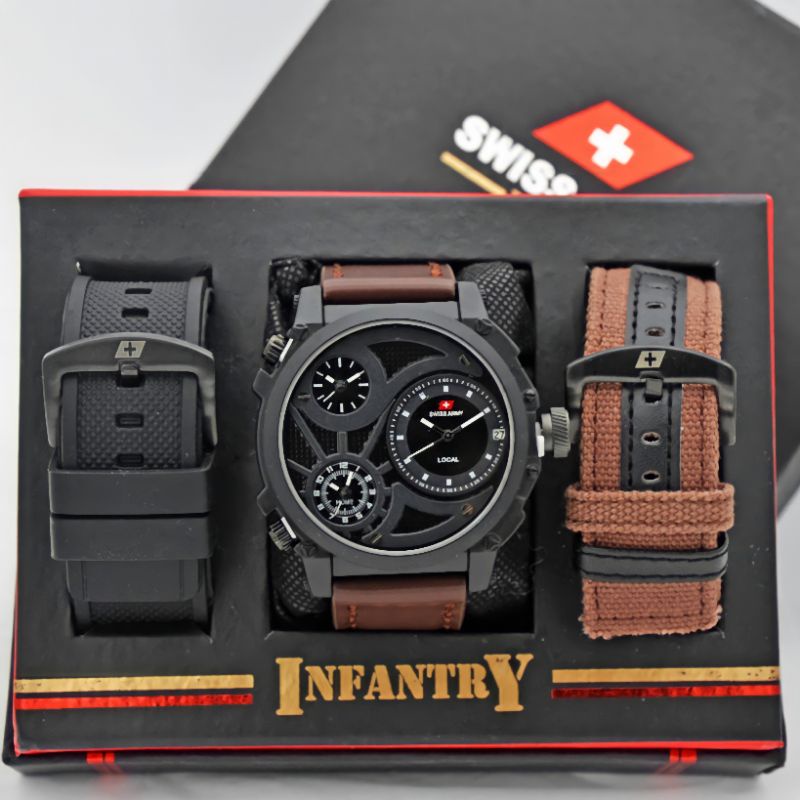 Jam tangan pria S.Army Infantry tripel time Free Strap rubber dan Kanvas