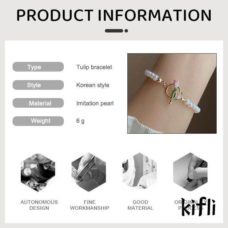 Gelang Tangan Rantai Aksen Bunga Tulip + Mutiara Imitasi Untuk Perhiasan Wanita (KD)