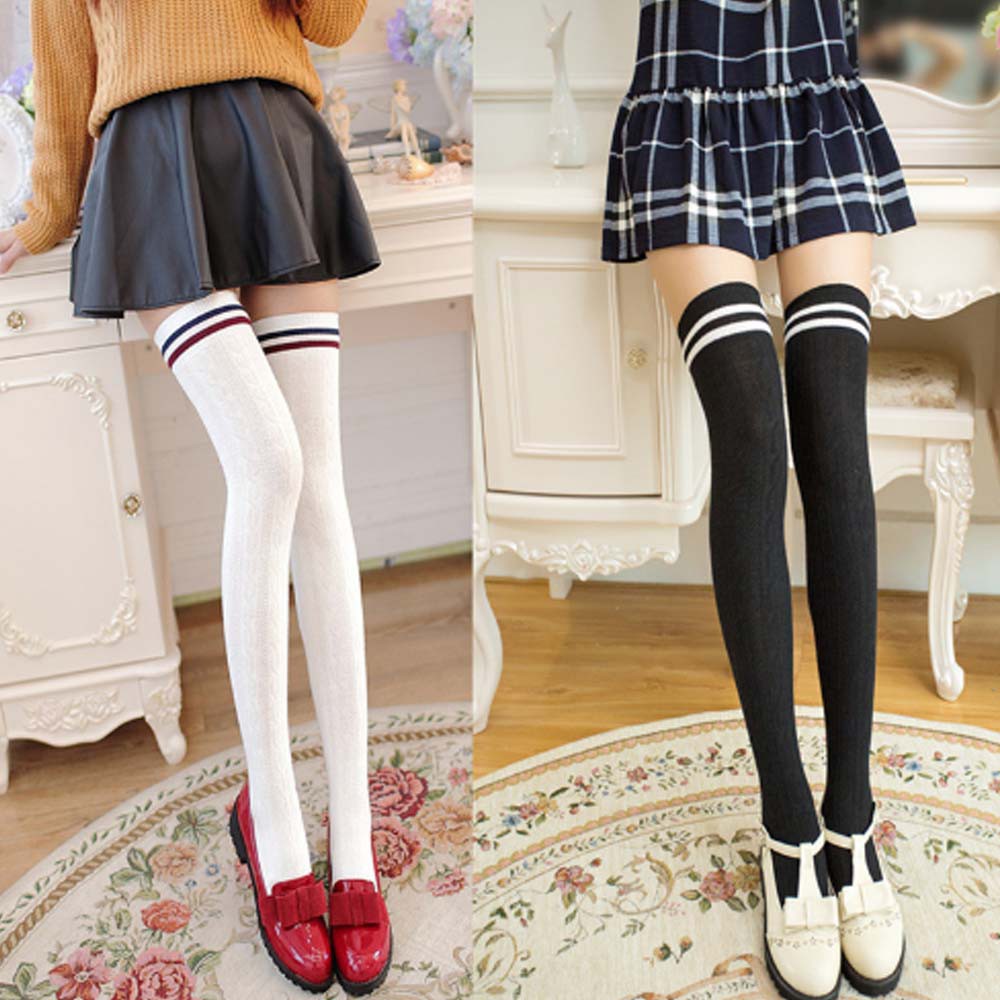 KT-01 overknee socks KAOS KAKI panjang sepaha over knee black hitam 2 strip tebal