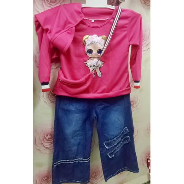 setelan kulot jeans + hijab + tas LoL