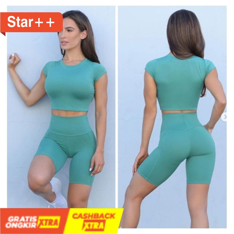 SETELAN OLAHRAGA SPORT UNTUK WANITA CEWEK MURAH / crop + bikers short gym /sepeda set bike