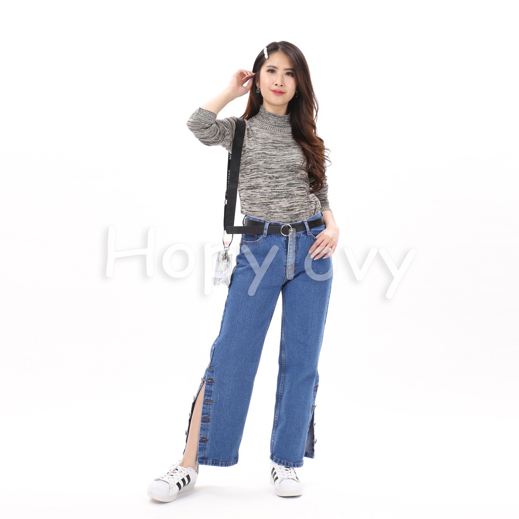 HOPYLOVY - Celana Boyfriend Jeans Wanita Model Kulot Kancing Samping Arabela