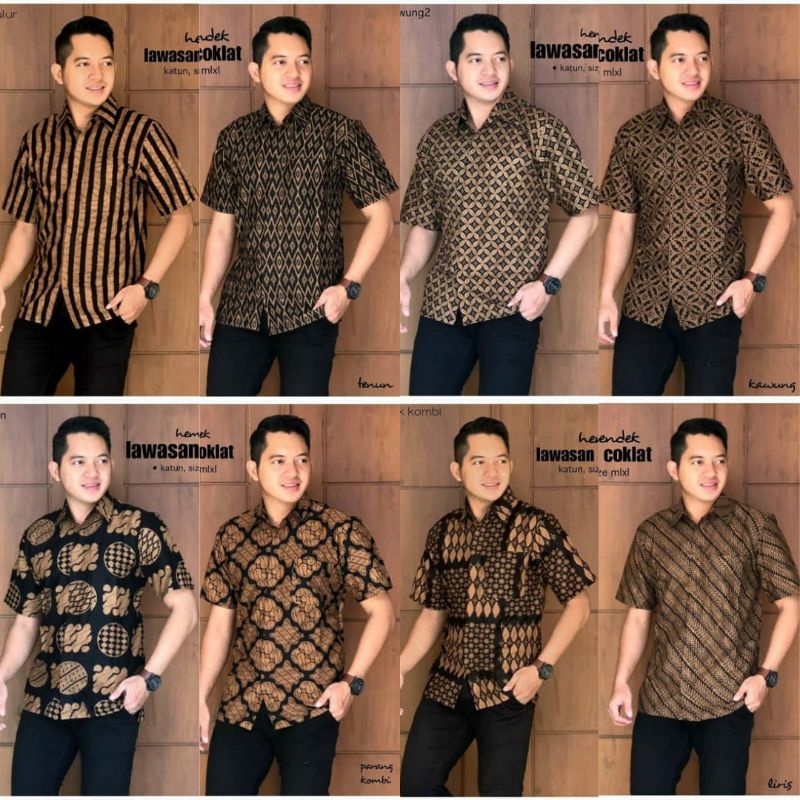 HEM BATIK COKLATAN, LENGAN PENDEK, BAJU BATIK, BATIK PEKALONGAN, ATASAN PRIA, SERAGAM