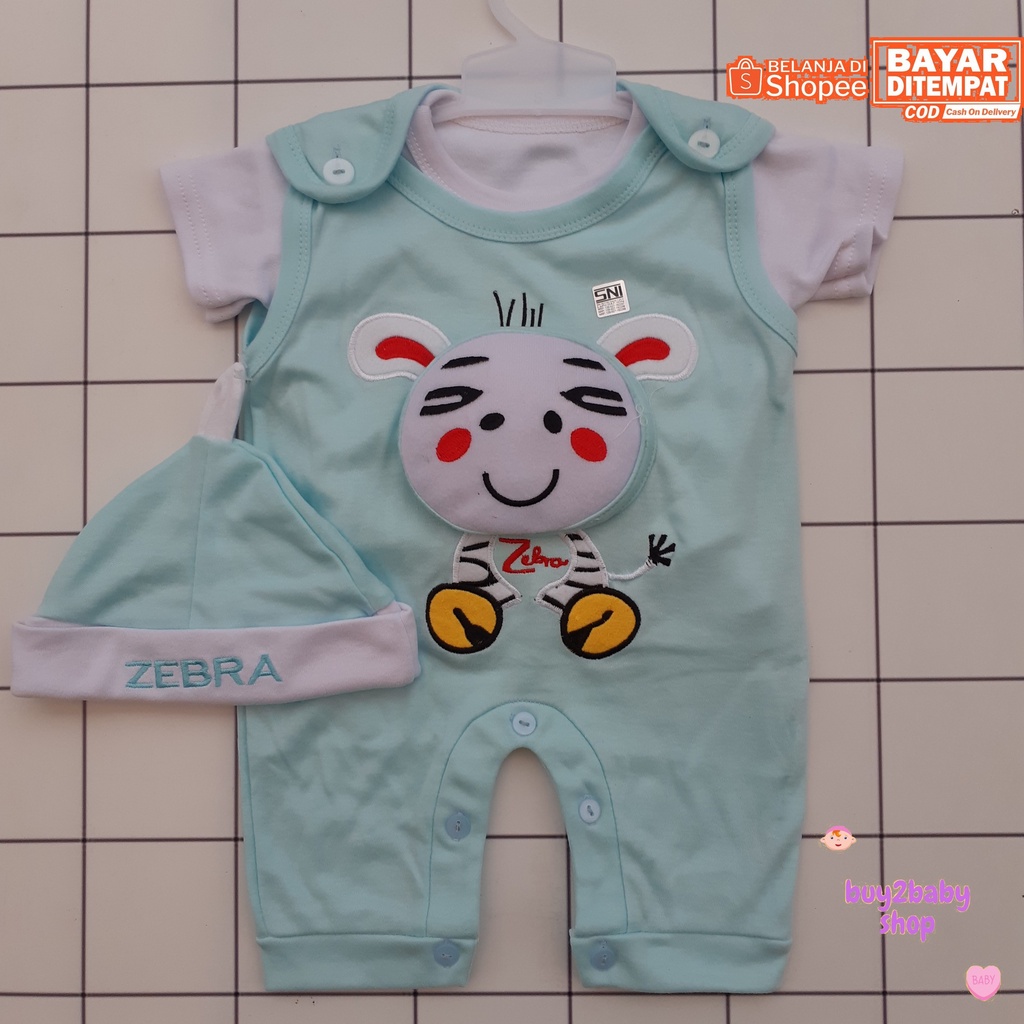 Baju kodok bayi model overall pendek wearpack plus topi Zebra Series 6-12 Bulan