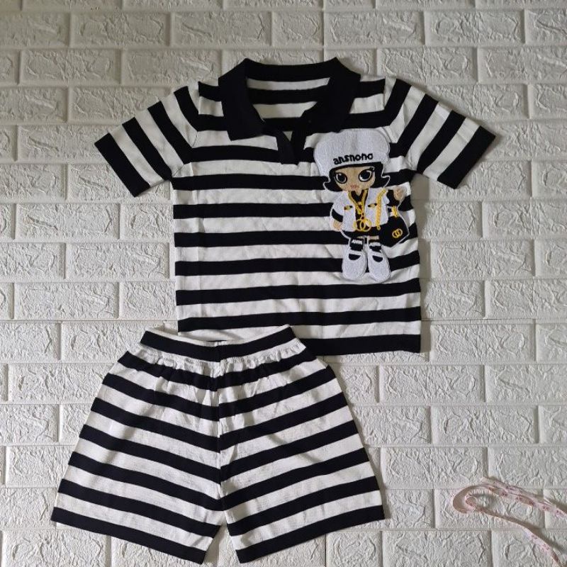 Setelan wanita import New Bangkok  garis2 sulam motif bahan rajut super premium