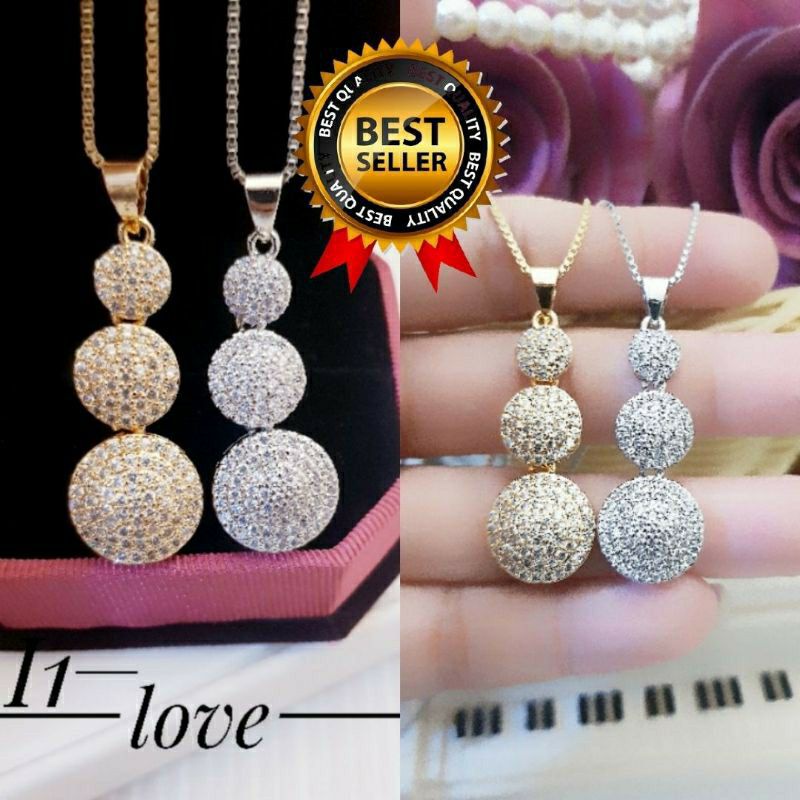 Fourfashion kalung wanita berlian 3 bulatan lapis emas 24k xuping