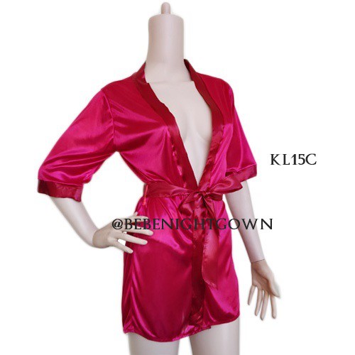 SET SIMPLE KIMONO TIDUR SEXY LINGERIE LACE SATIN MERAH WINE WANITA KL15C