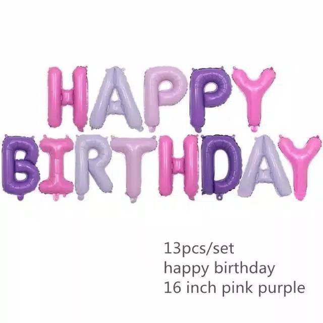 Balon Foil HAPPY BIRTHDAY Set 40 cm 13 huruf Warna Pastel Pink Ungu