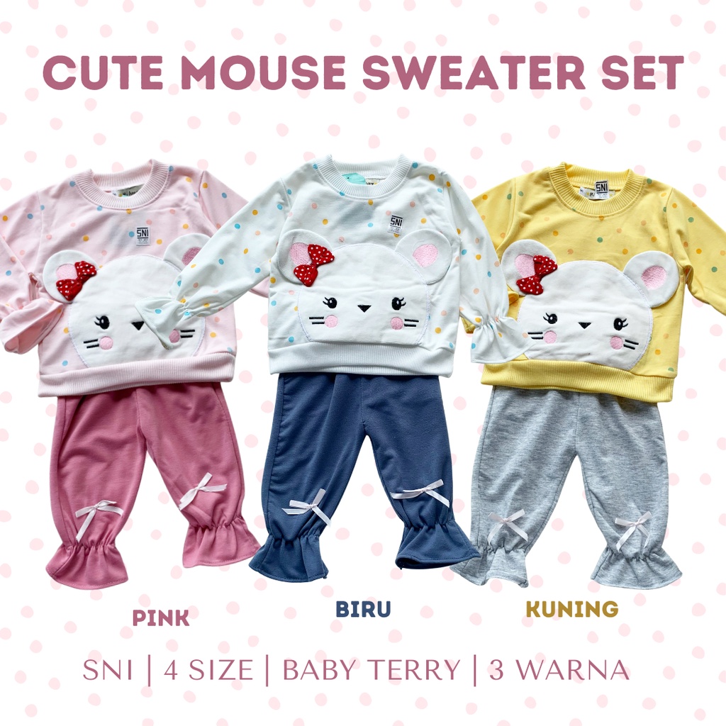 GROSIR CUTE MOUSE SWEATER SET(pink habis-sisa kuning dan putih)