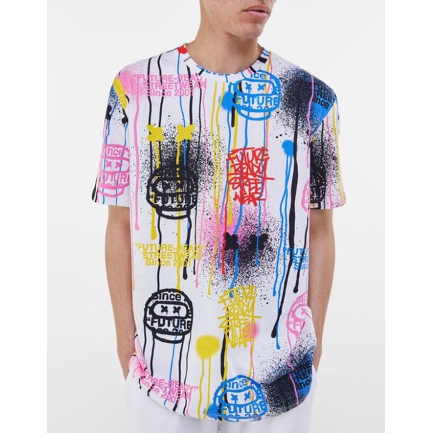 Kaos Pria Future Ready Reguler Fit Graffiti short Sleeve Tshirt Bershka Original TERMURAH