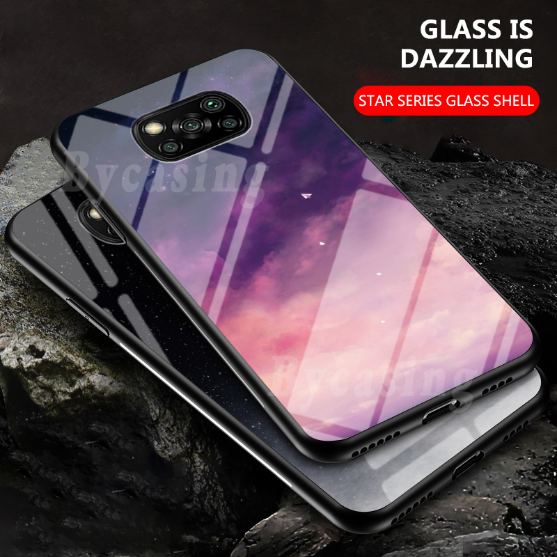 Starry Sky Tempered Glass Phone Case For Xiaomi Poco X3 NFC Soft Frame Anti Scratch Hard Back Cover BY