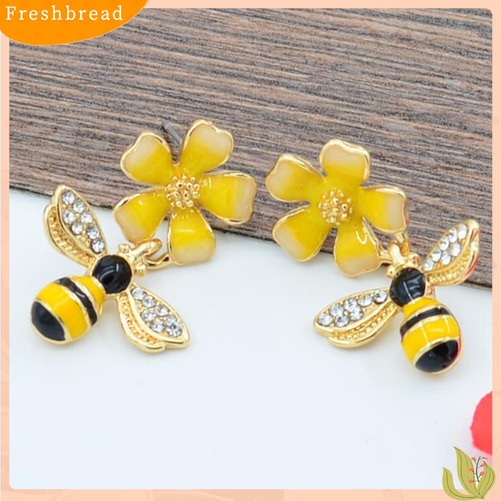 【Fresh】❀Women Bee Flower Enamel Rhinestone Inlaid Pendant Drop Earrings Jewelry Gift