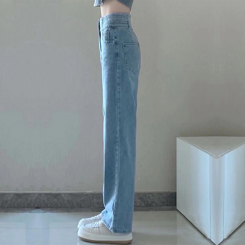 Celana Jeans Longgar Wanita Pinggang Tinggi Biru Tombol Korea Baru