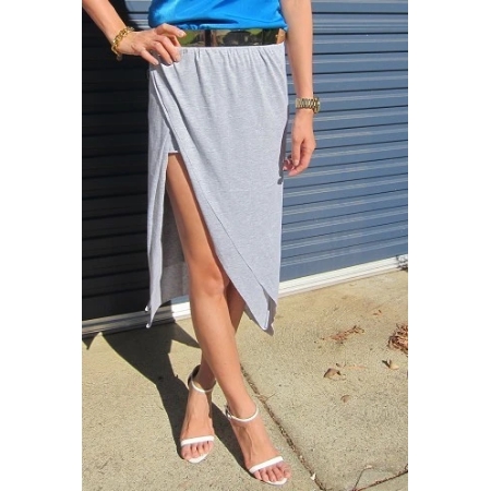 HELLO PARRY Talia Jersey MIDI Skirt With Thigh Split - GREY