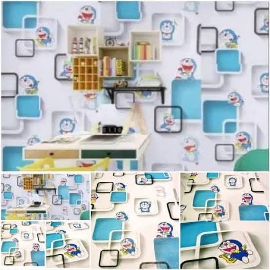 wallpaper stiker dinding DORAEMON kotak 3D biru  45cm x 10m