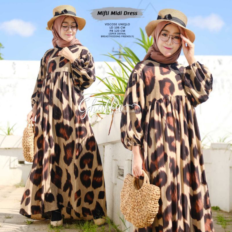 Ghaffa Mifli Midi Dress Gamis Rayon Motif Macan Busui Original Berlabel