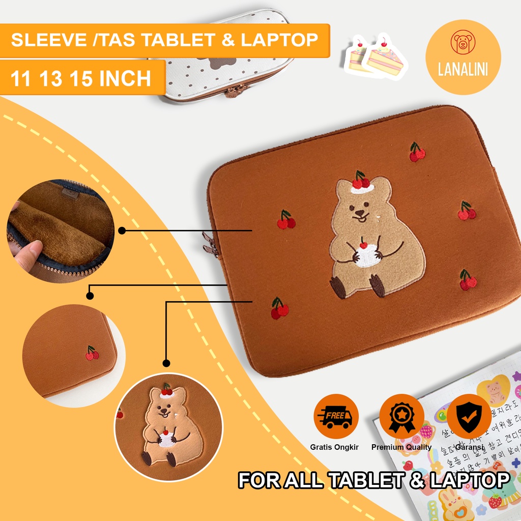 Sleeve Pouch Sarung Tas Bag Case Ipad Tab Tablet Macbook Air Pro Laptop Asus Acer Lenovo HP Huawei 11 12 13 14 15 inch Motif Gambar Beruang Bear Cake Kue Warna Coklat Brown Lucu Cute Murah Korean Model